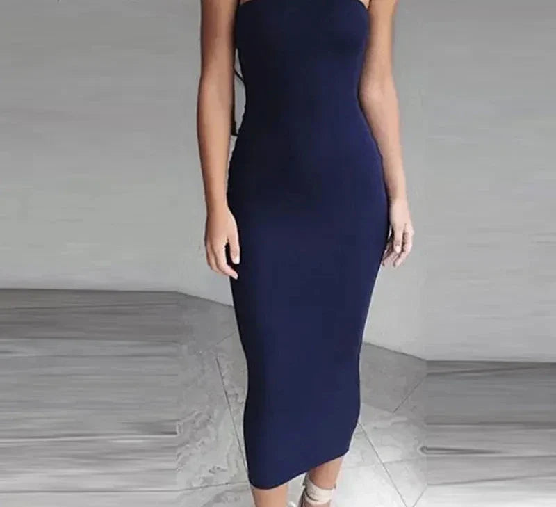 שמלת מידי סטרפלס צמודה בד מחטב - אור לי