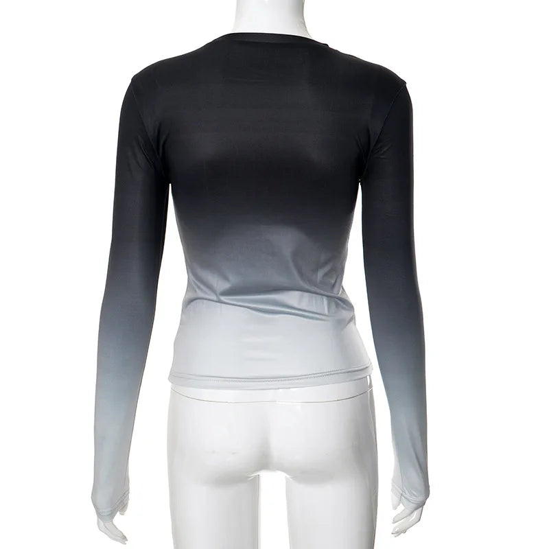 חולצת סתיו דקה שרוולים ארוכים בעיצוב אומברה צבעים - סייאנה