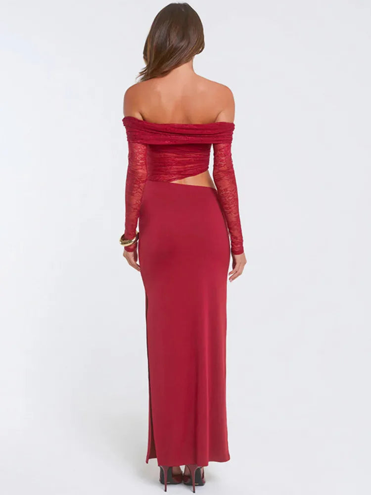 Off-the-shoulder maxi dress with lace and slit - LOLA