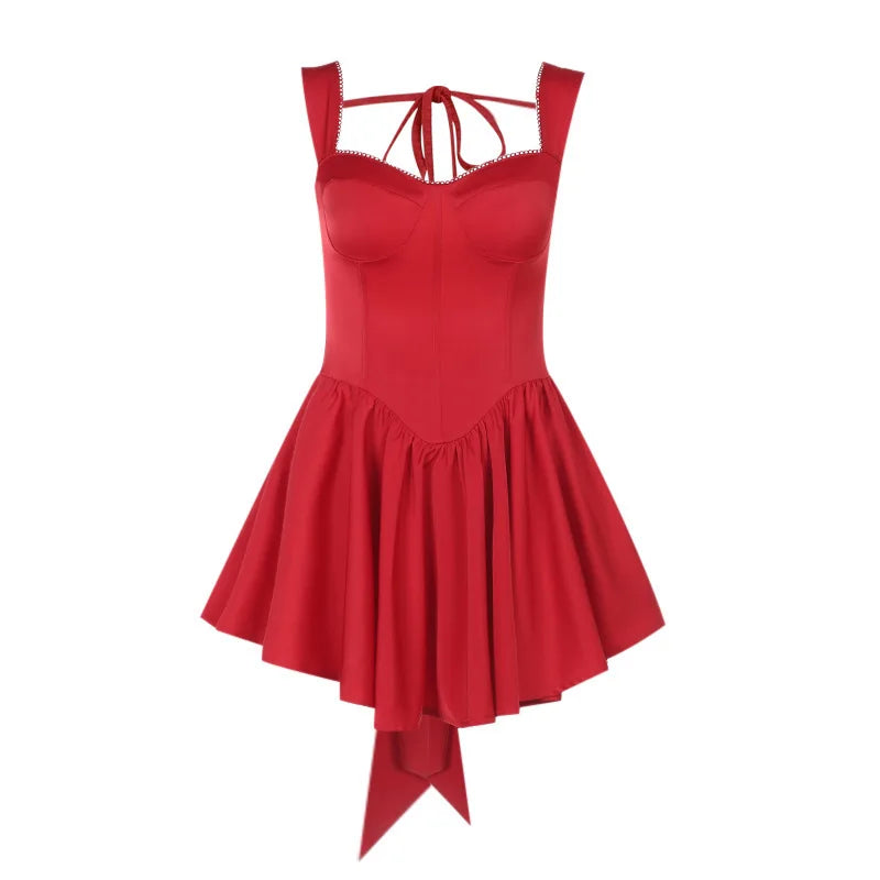 שמלת מיני בגזרת A קשירה בגב בעטור פפיון - דמי