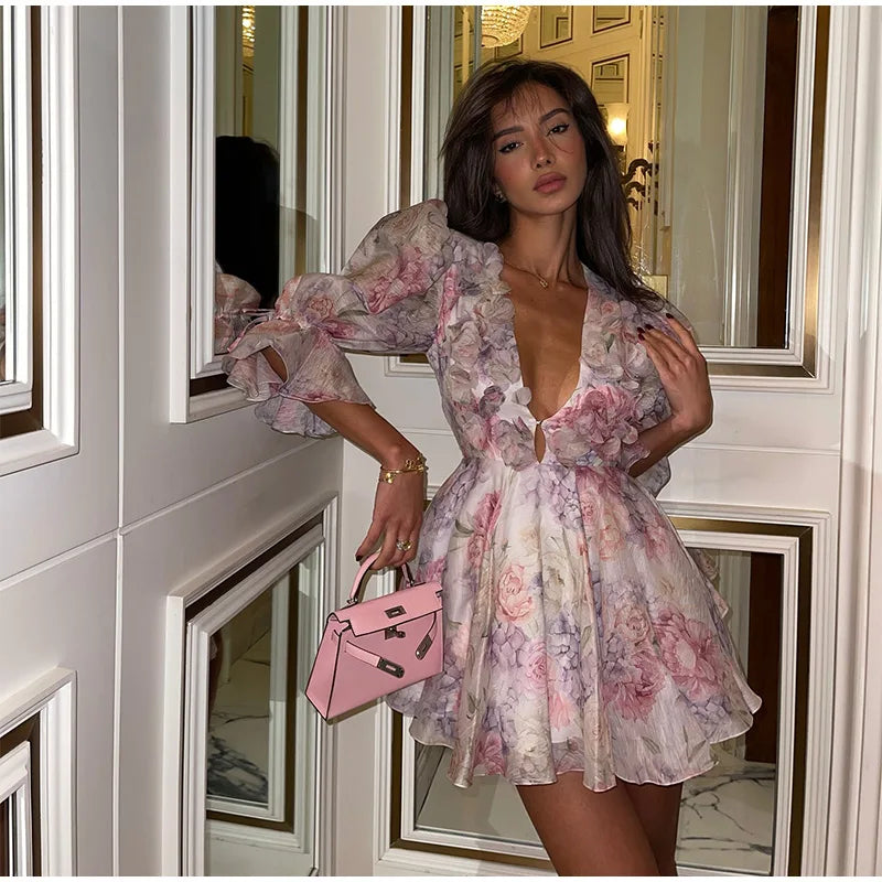 שמלת מיני שיפון מלמלה בעיצוב פרחוני 3D - מיה