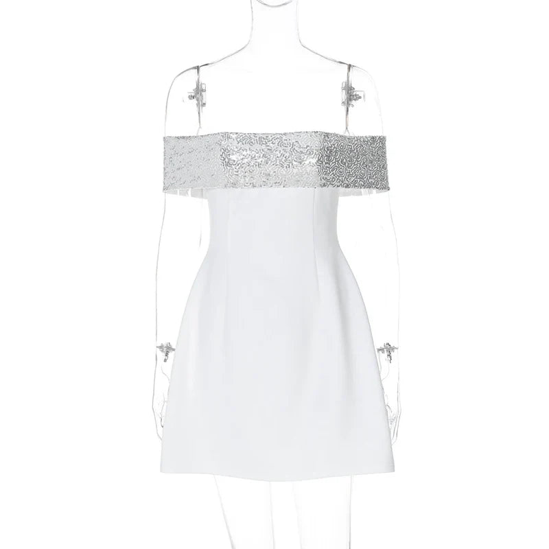 שמלת מיני בגזרת A כתפיים חשופות בעיטור פאייטים - לוריאן