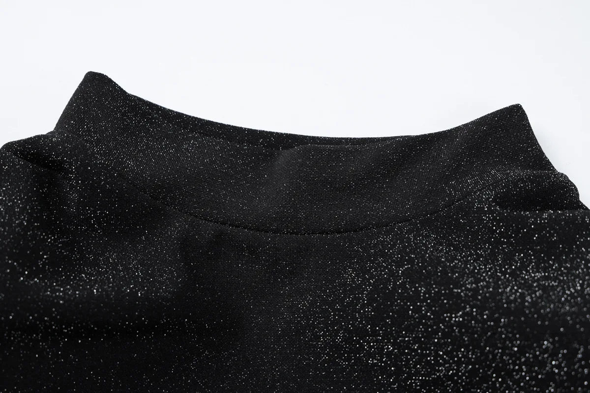 שמלת מקסי נצנצים צווארון חצי גולף בעיצוב כיווצים ושסע קצר - Hazel