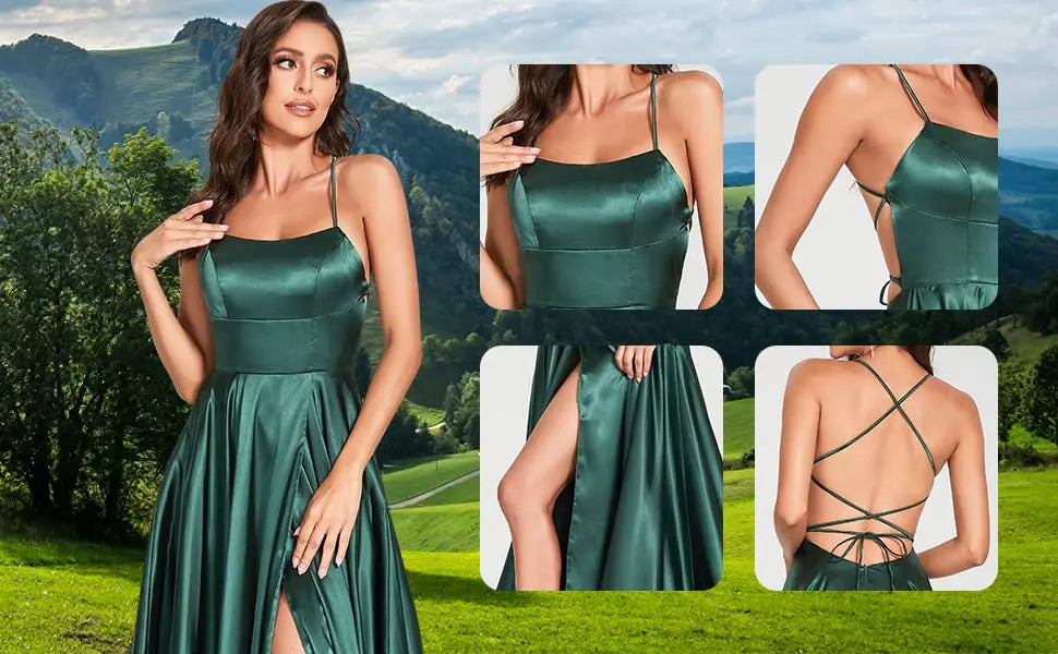 שמלת מקסי סאטן אלגנטית בעיטור שסע בגזרת A קשירה בגב - פרינס