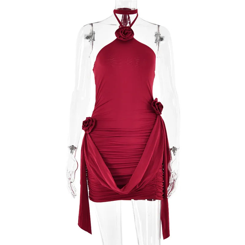 שמלת מיני כיווצים בעיצוב קשירה בצוואר בעיטור אפליקציות פרחים - ג'סמינה