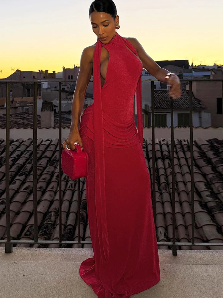 Open-back velvet maxi dress with pleats - Ciara