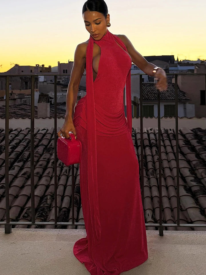 Open-back velvet maxi dress with pleats - Ciara