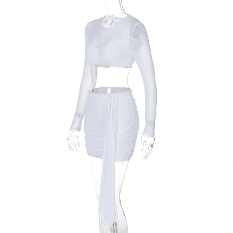 סט שני חלקים חצאית מיני כיווצים בעיטור שובל וחולצת רשת בעיצוב כיווצים - בריטני