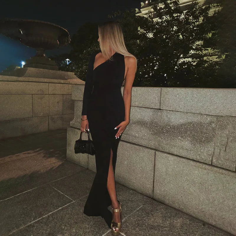 שמלת ערב מקסי אסימטרית בשילוב שסע עמוק ושרוול אחד - אווה