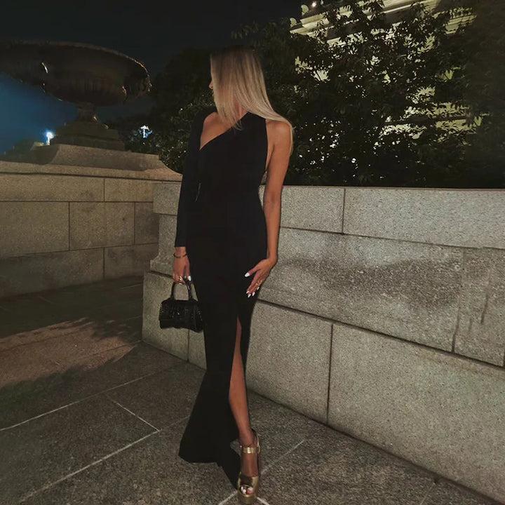 Asymmetrical maxi evening dress with deep slit and one sleeve - Eva