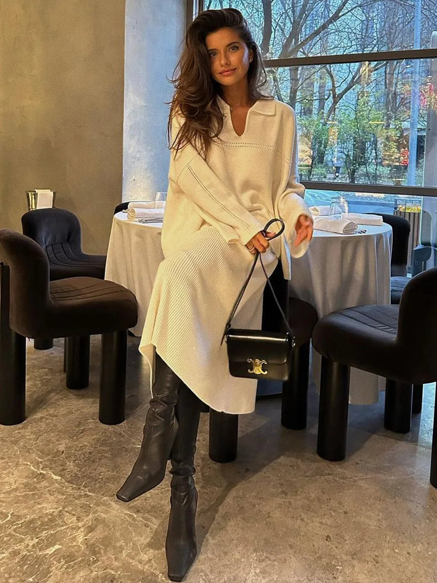 חליפת שני חלקים loose סרוגה חצאית מקסי וחולצה - שילב