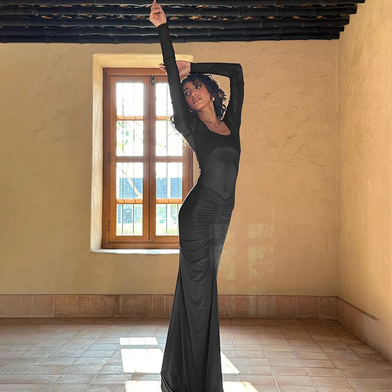 שמלת מקסי בעיצוב כיווצים ורשת - לאורן