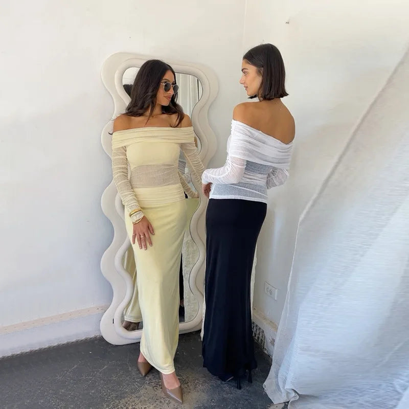 סט שני חלקים חצאית מקסי וחולצת רשת כתפיים חשופות - בלינה