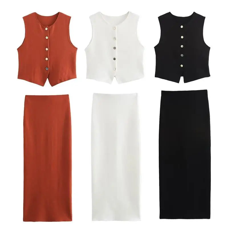 סט שני חלקים סרוג ווסט כפתורים וחצאית מקסי - פולינה