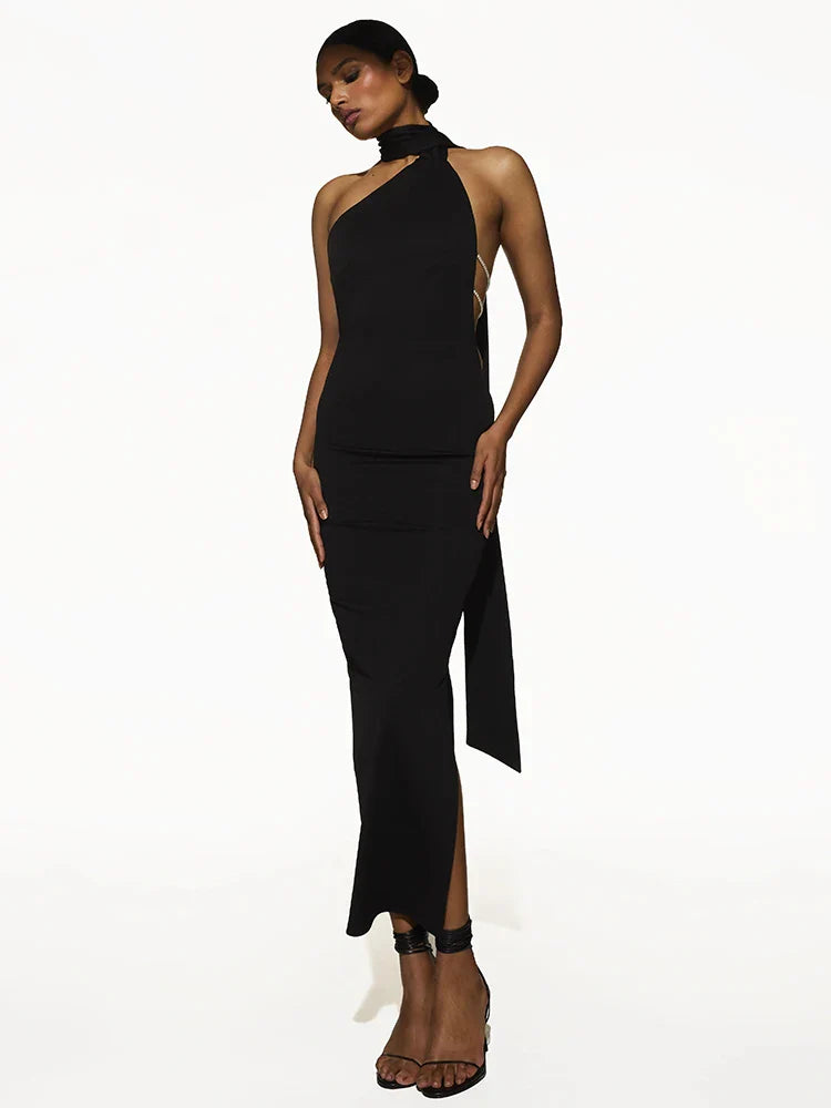 שמלת מקסי בעיטור שרשרת בגב קשירה בצוואר - Annalise