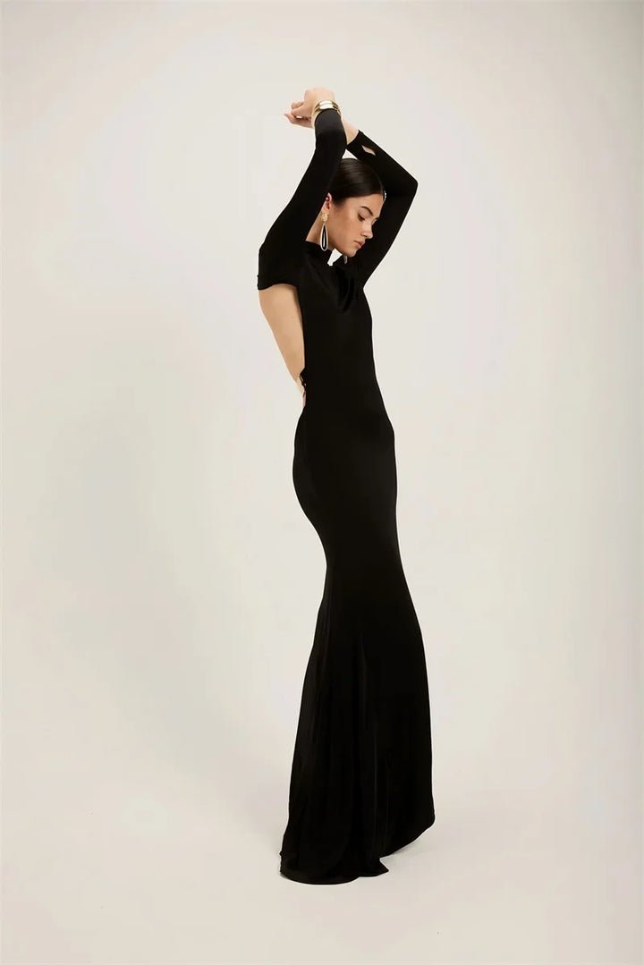 Maxi turtleneck dress with open back and buckle - EINAT