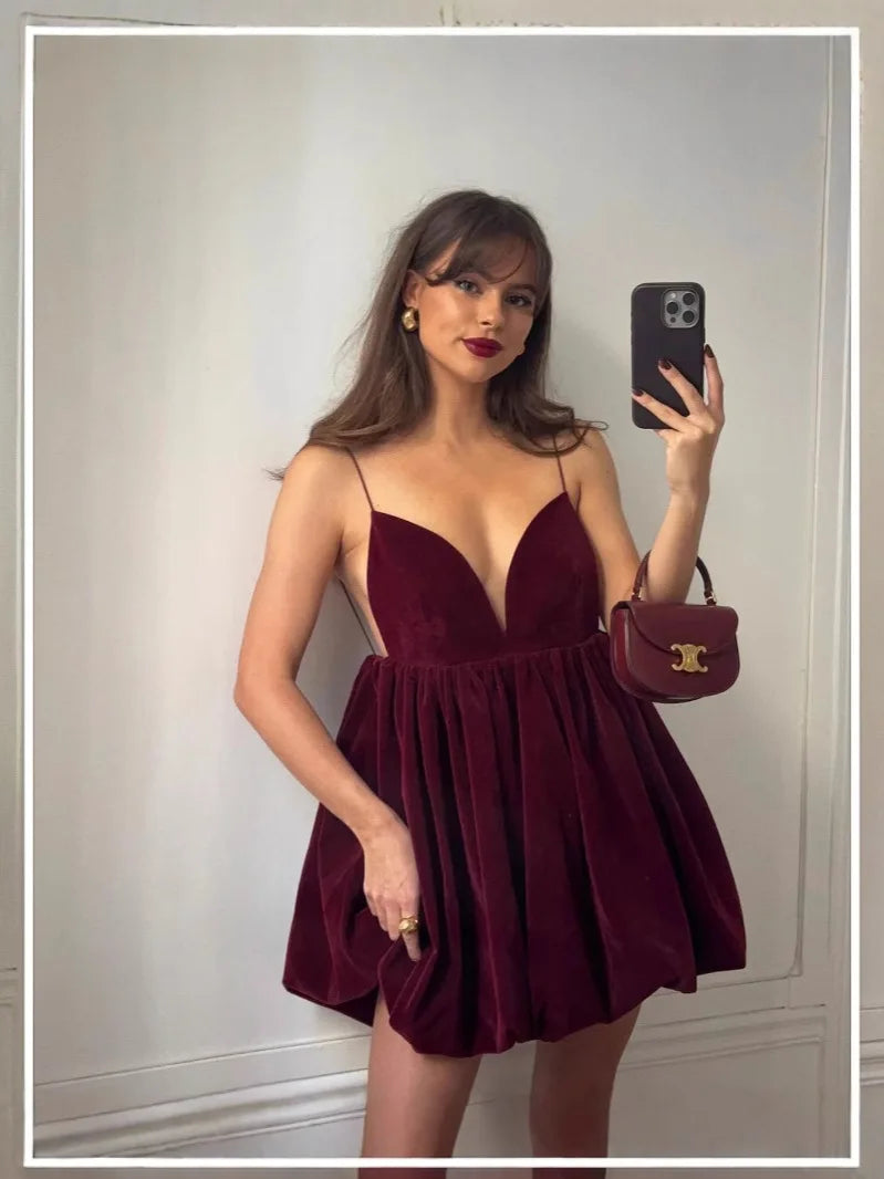 שמלת מיני בלון בד קטיפה גב פתוח - Myla