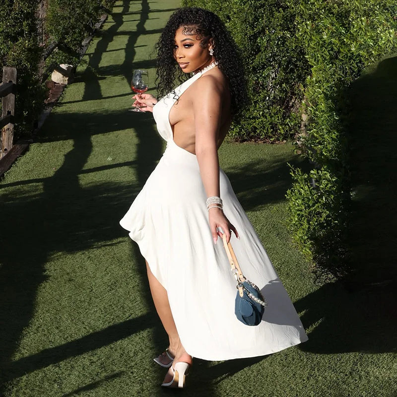 שמלת מידי אסימטרית קשירה בצוואר גב פתוח בעיטור אבזם - ליאון