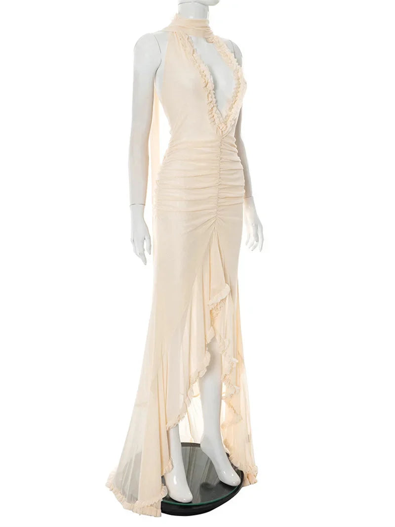 שמלת מקסי שיפון כיווצים מלמלה בעיצוב אסימטרי בעיטור צעיף תואם - מילקה