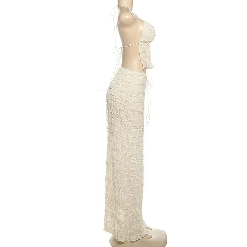 סט שני חלקים בעיצוב שיפון וכיווצים טופ קשירה וחצאית מקסי - אורורה