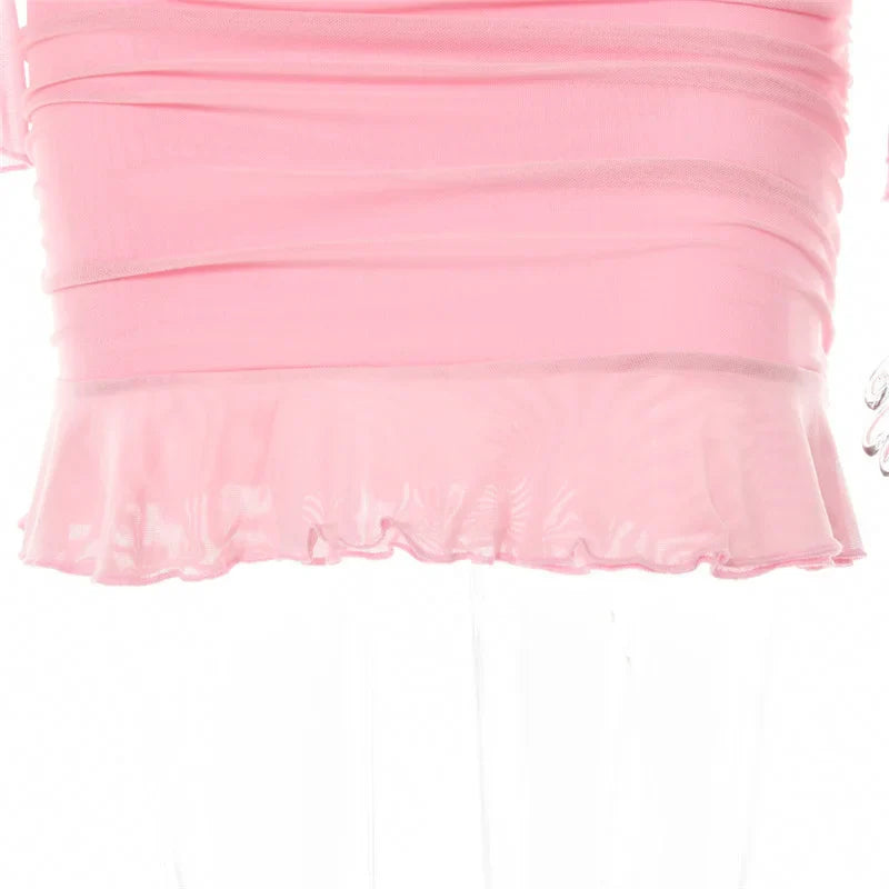 סט (חלק/נצנצים) שני חלקים חצאית מיני כיווצים בעיטור מלמלה וטופ שרוולי רשת - MICHEL