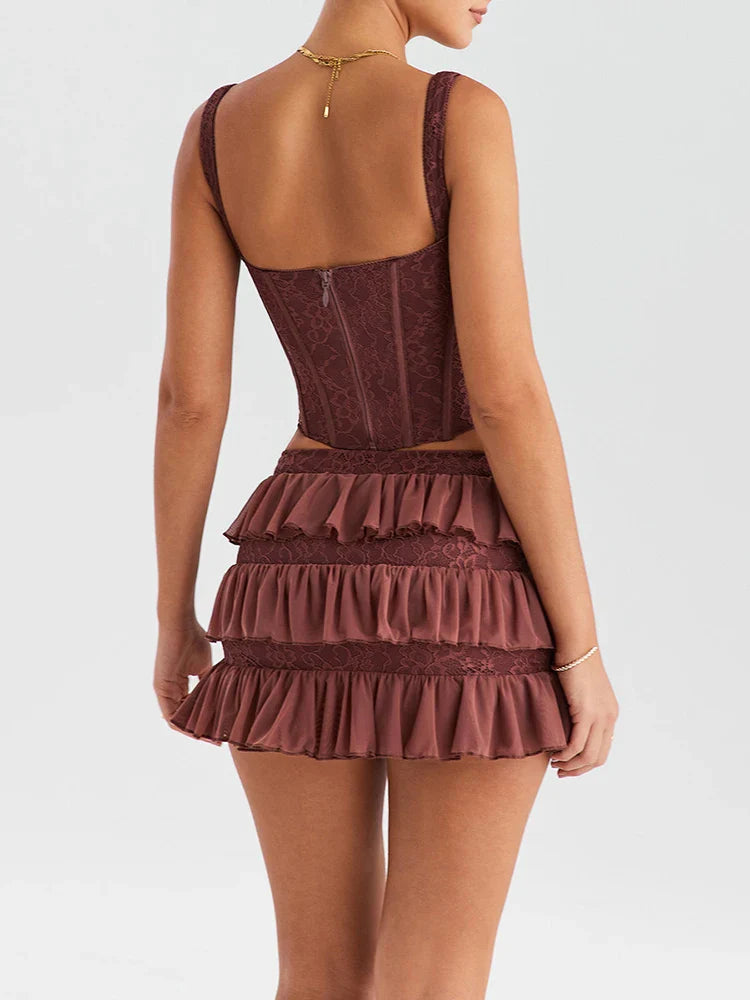 סט שני חלקים טופ מחוך קשירות וחצאית מלמלה מדורגת סטייל וינטג' - סורנטו