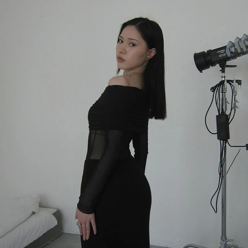 שמלת מקסי כתפיים חשופות בעיצוב רשת - קסניה