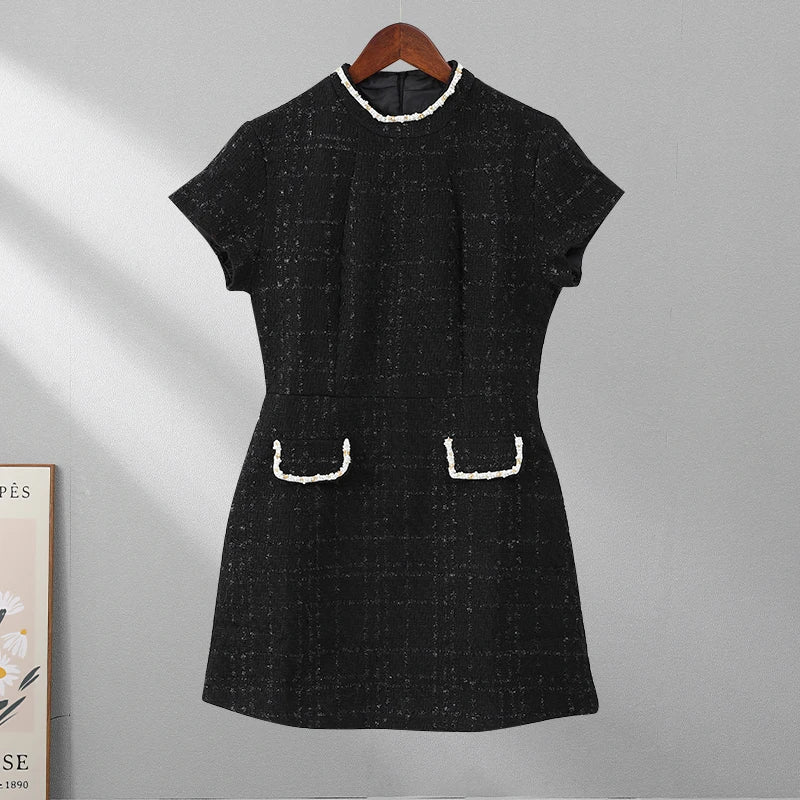 שמלת מיני אלגנטית שרוול קצר/ארוך סגנון מחויט בד ארוג בעיטור נצנצים ופנינים - Lucia