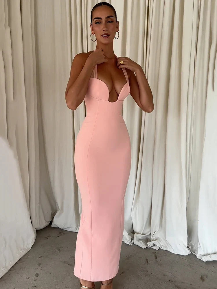 שמלת מקסי בד מחטב בגזרה ישרה מחשוף לב  - אלגריה