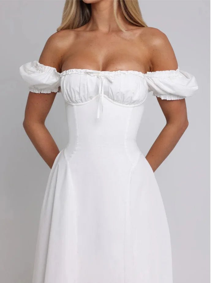 שמלת מקסי בגזרת A בעיצוב כתפיים חשופות שרוולים נפוחים - ג'ינה