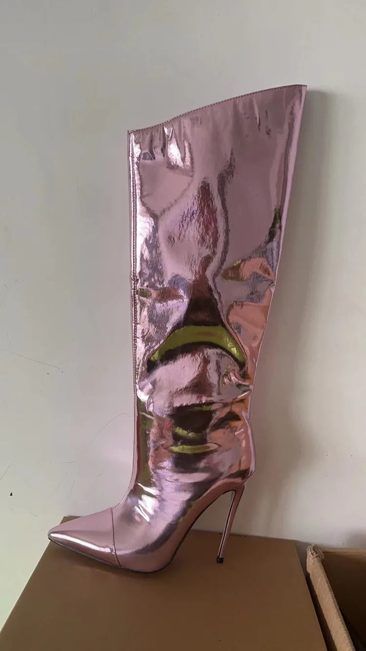 High-heeled pointed-toe boots in shiny leather design - Sloane
