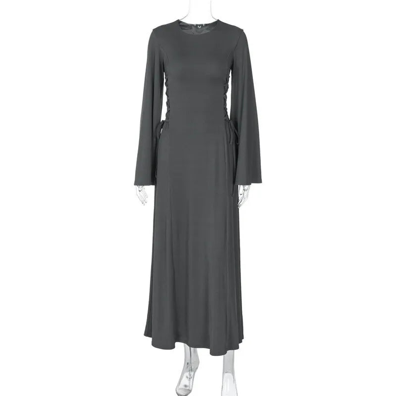 שמלת מקסי סרוגה צנועה בגזרת A קשירות במותן - לירי