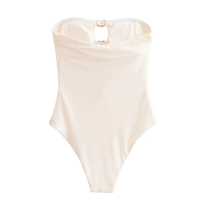 Strapless one-piece swimsuit with gold heart buckles and openings - Choshen 