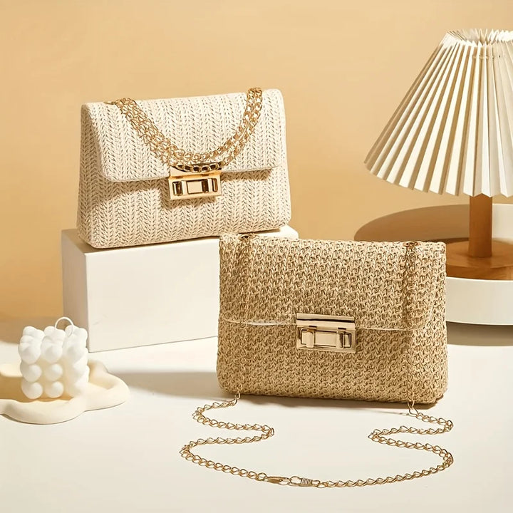 Small straw bag with chain strap design