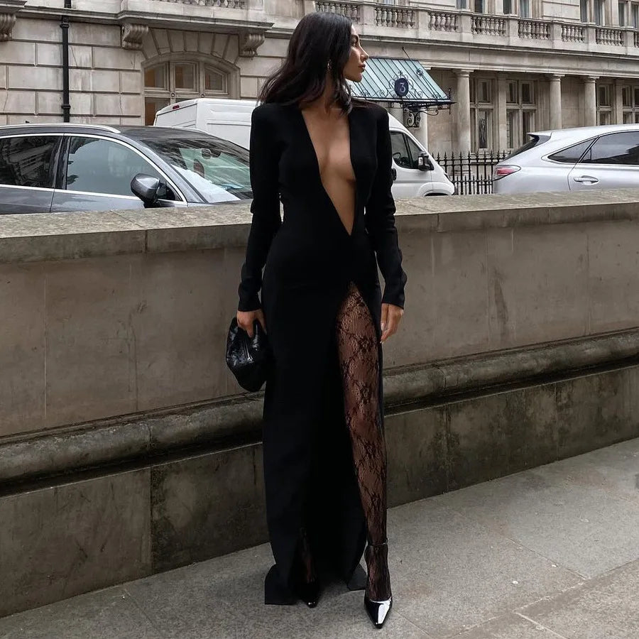 שמלת מקסי צווארון וי עמוק בשילוב שסע עמוק - ליילה