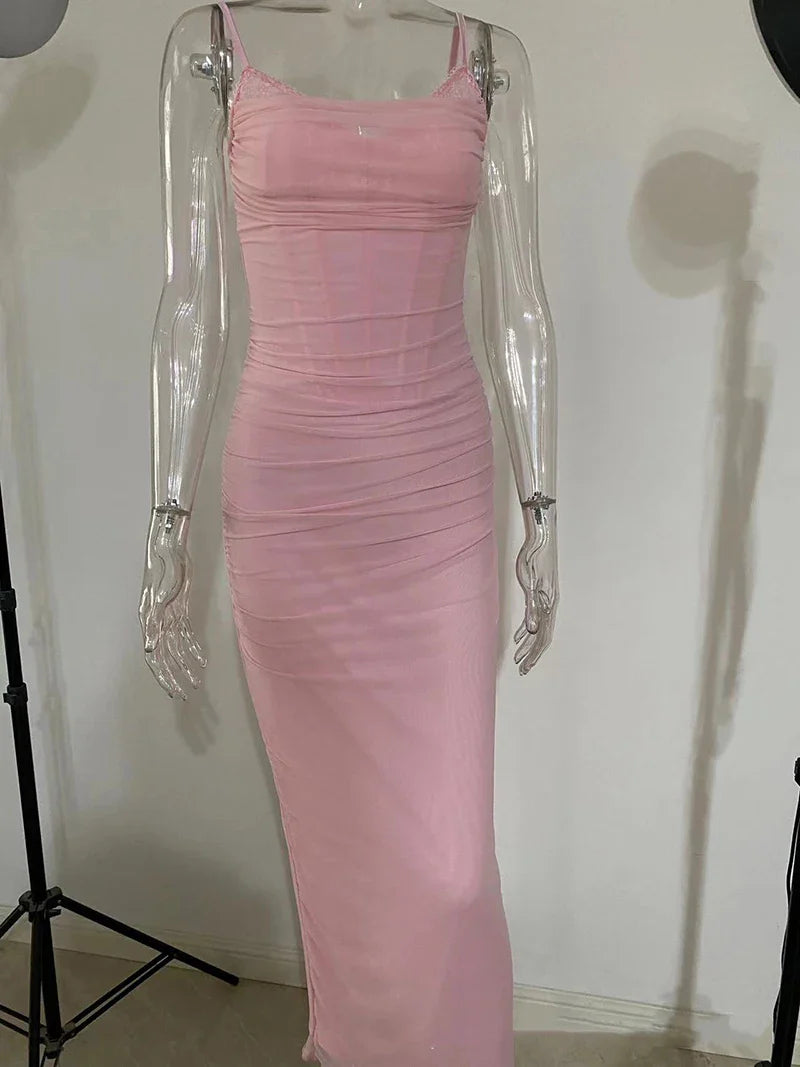 שמלת מקסי שיפון צמודה בעיטור תחרה - רוזי