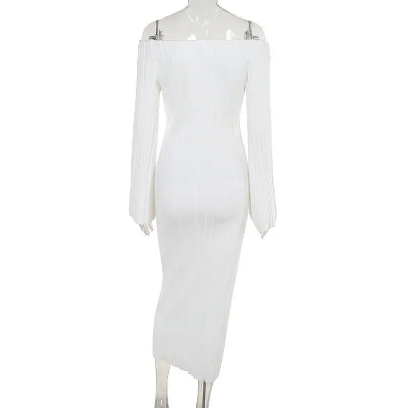 שמלת מקסי סרוגה כתפיים חשופות שרוולי פעמון - סאלין