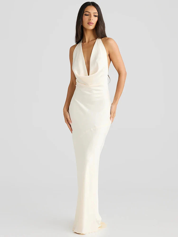 שמלת מקסי סאטן גב פתוח צווארון נופל - פאולה