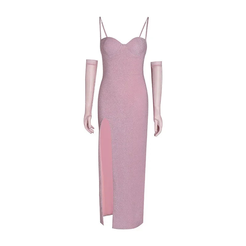 שמלת מקסי נצנצים בעיצוב שסע בעיטור כפפות - Daphne