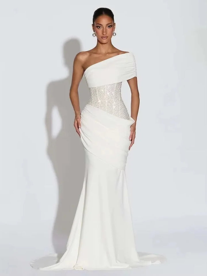 One-shoulder maxi dress with pleats and sequins - USA