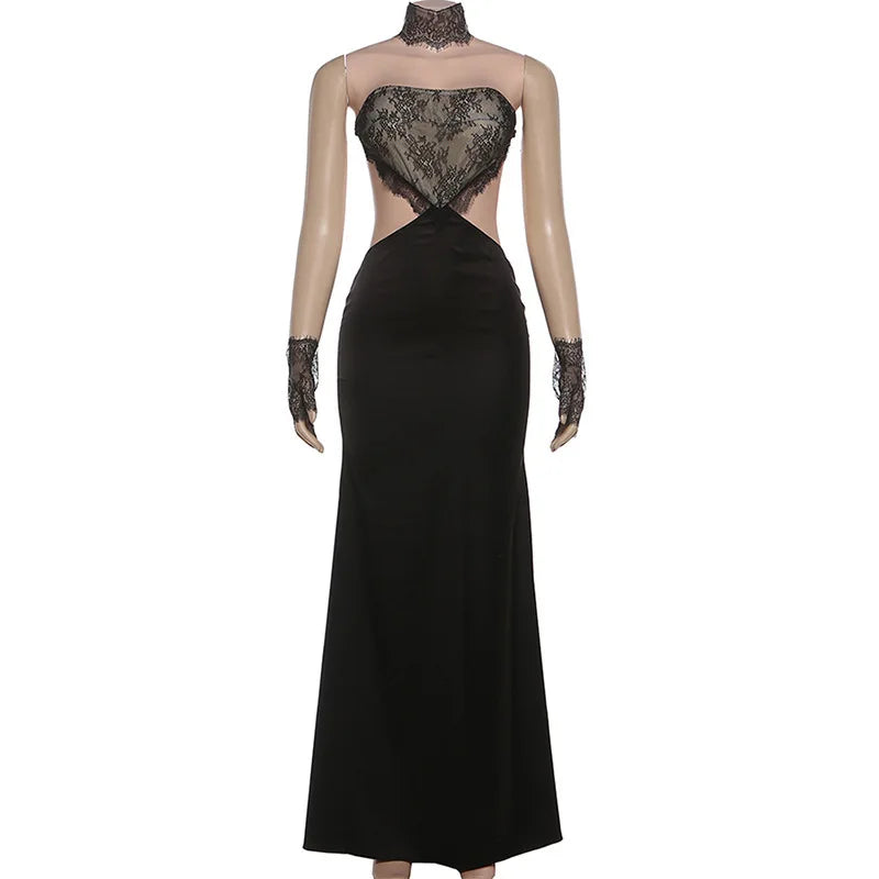 Strapless satin maxi dress in lace design with gloves and collar - GEE