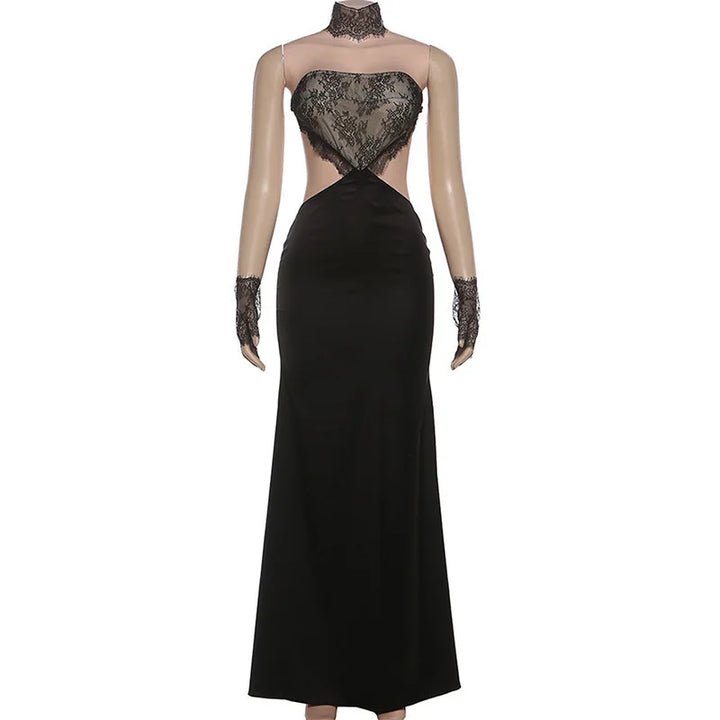 Strapless satin maxi dress in lace design with gloves and collar - GEE