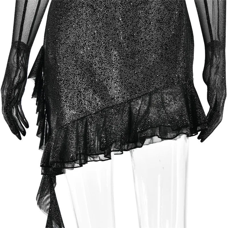 שמלת מיני נצנצים בעיצוב מלמלה בעיטור כפפות תואמות - ברוק