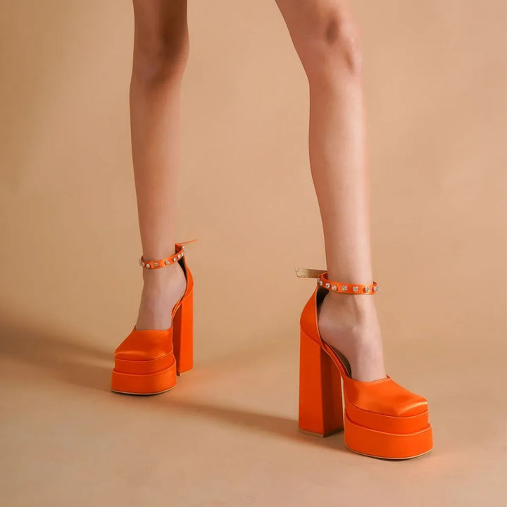 Platform doll shoes in silk satin fabric decorated with diamonds - Melis