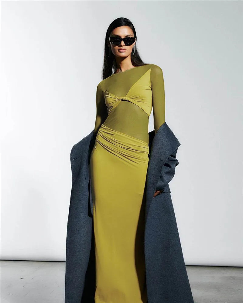 שמלת מקסי בעיצוב קיפולים ורשת - מינה