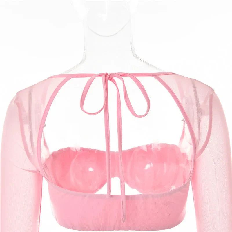 סט (חלק/נצנצים) שני חלקים חצאית מיני כיווצים בעיטור מלמלה וטופ שרוולי רשת - MICHEL