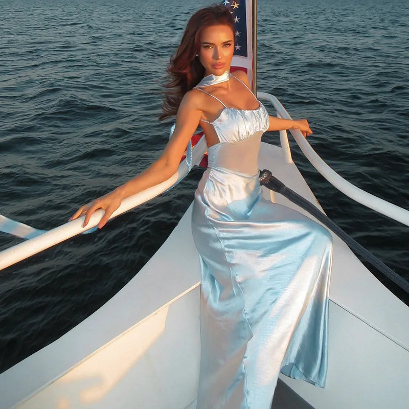 שמלת מקסי סאטן בעיטור רשת וצעיף תואם - סלסטה