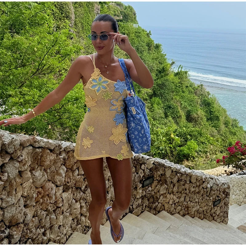שמלת חוף רשת סרוגה / סט חוף שני חלקים טופ וחצאית מקסי רשת סרוגה בעיטור אפליקציות פרחים - סאנשיין
