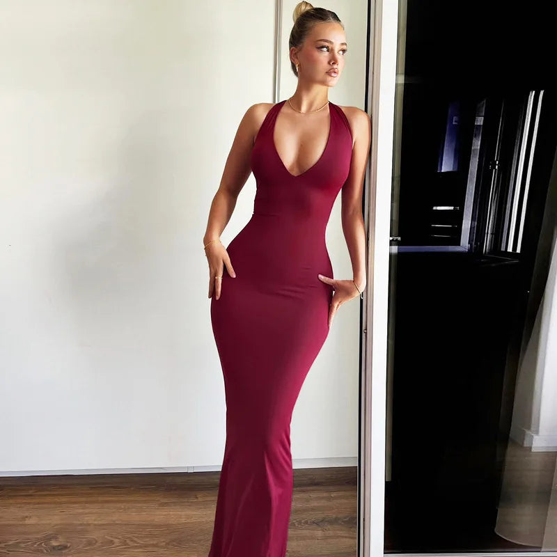 שמלת מקסי אלגנטית קשירה בצוואר גב פתוח - הלאני