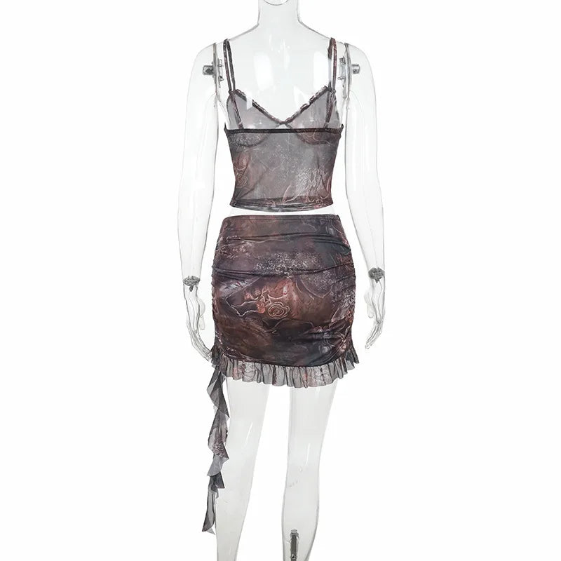 סט שני חלקים בעיצוב הדפס מיוחד טופ וחצאית מיני בעיטור שובל מלמלה - טוניק